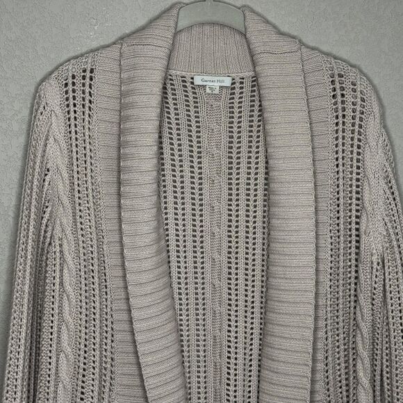 Garnet Hill Cardigan Sweater Small Taupe Open Knit Shawl Collar Lace Trim - Picture 4 of 9